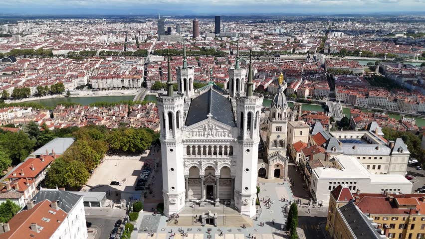 Aerial view of Basilica of Notre-Dame de Fourviere, Lyon, France