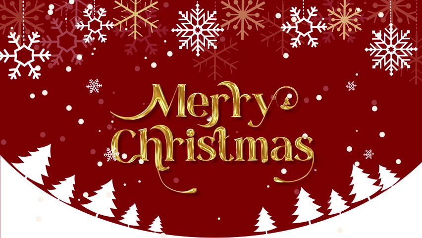 Merry Christmas red background with snowflakes and pine trees silhouette, motion graphic design