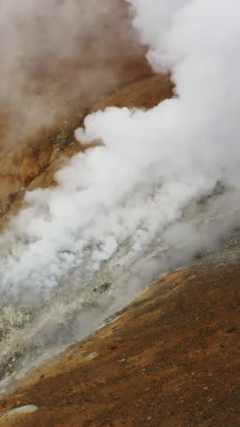 Aerial view of fumaroles in crater of active Mutnovsky volcano, Kamchatka, Russia. Vertical video
