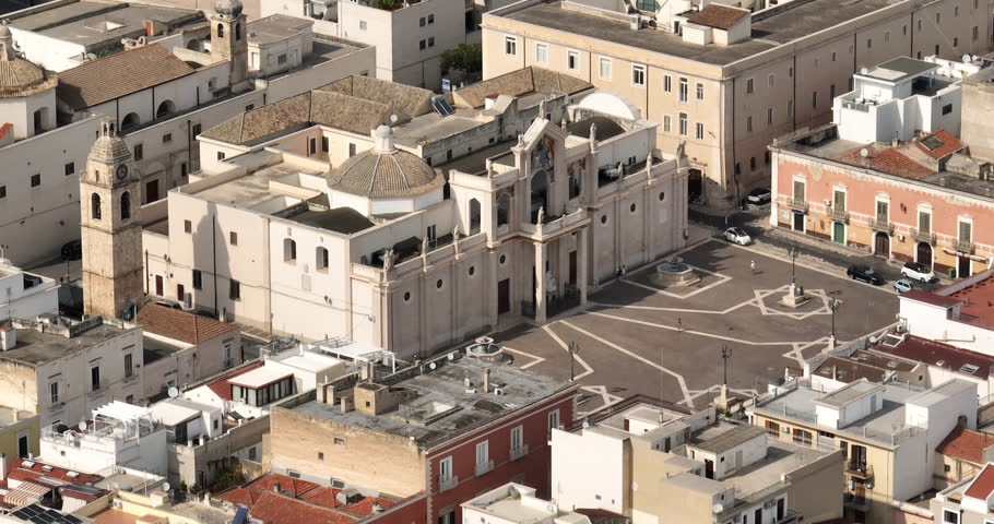 Aerial view of Manfredonia Cathedral. It is a Roman Catholic cathedral located in the historic center of the town in the province of Foggia, Puglia, Italy. It is dedicated to Saint Laurence of Siponto