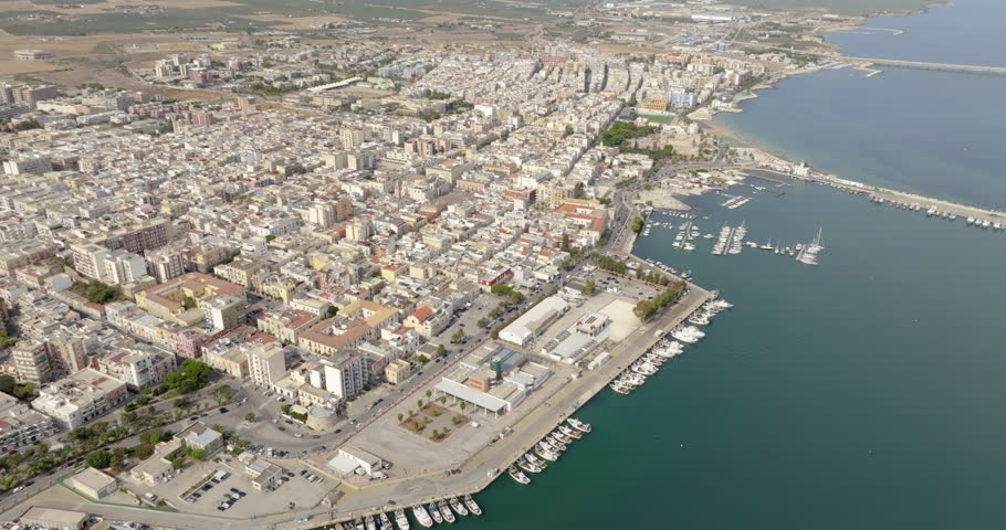 Aerial view of Manfredonia, located in the province of Foggia, in Puglia, Italy. It is a small town on the Mediterranean Sea.