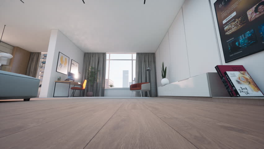 POV: 3D Interior Design Process as an Autonomous Vacuum Scans and Cleans a Modern Apartment. Innovative AI Software Scanning, Mapping Rooms and Cleaning all the Dirt at Home