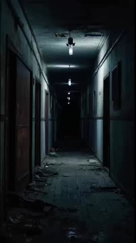 Dark, abandoned hallway in a decayed building, lit by dim flickering lights. Debris and peeling walls create an eerie, ominous atmosphere. Ideal for horror, thriller, or mystery themes