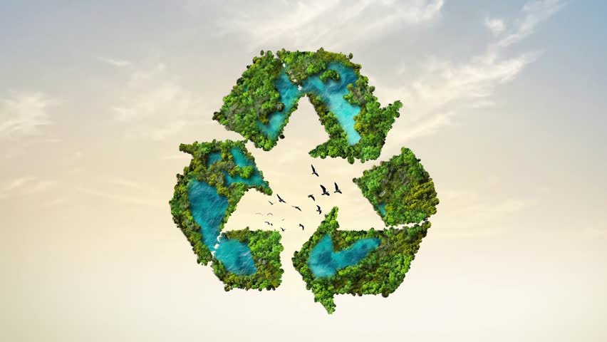 Ecosystem Restoration, environment day concept 3d tree background. Recycle icon banner with green forest. Eco-friendly recycling symbol, Ecology project concept.