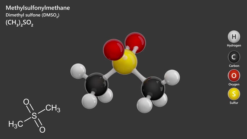 Methylsulfonylmethane (MSM). Medicament. Animated 3D model of a molecule. Molecular formula: C2H6O2S. Chemical model: Ball and sticks. Gray background. 3D rendering. Seamless loop.