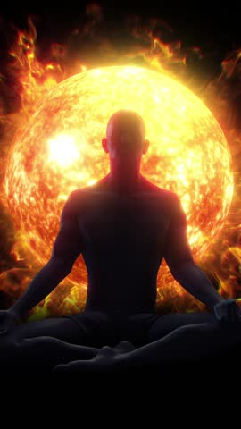 A silhouetted figure sat in a mediation lotus pose, surrounded with pulsating flowing light energy.