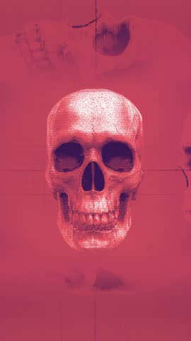 A looping old film and medical chart style graphic of a spinning skull with a grunge and stop motion effect.