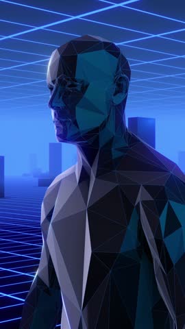 Abstract polygon 3D humanoid waking in an endless neon grid environment with randomly moving 3D columns.