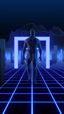 Abstract polygon 3D humanoid waking in an endless neon grid environment with randomly moving 3D columns.
