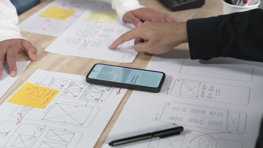 UX UI designers discussing and brainstorming on wireframes for a website and mobile app prototype, in the concept of website and mobile application design concept. 