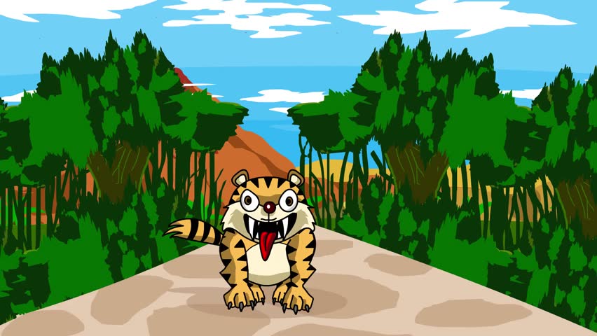Animated video of a saber-toothed tiger running in the jungle, primitive, art.