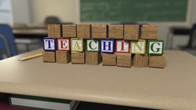 Letter Block Series-"Teaching"  - Toy letter blocks tumble onto a school desk to form words,  then tumble out of frame - Powered by Shutterstock - Get 15% off with code: PIKWIZARD15