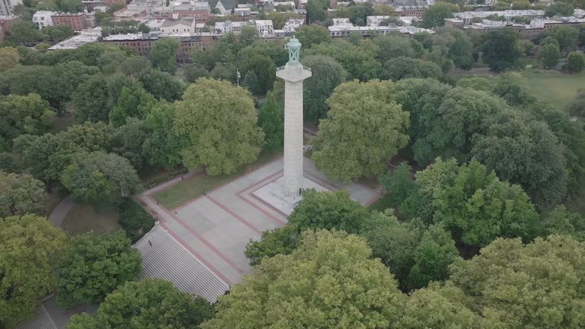 Aerial view of Fort Greene Park on an overcast morning. Shot during the summer in Brooklyn, New York City.