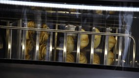 Side view of various puff pastry items (different croissants and cinnamon buns) baking on baking sheets in professional convection oven in bakery. Soft focus. Vertical video. Preparing food theme. - Powered by Shutterstock - Get 15% off with code: PIKWIZARD15