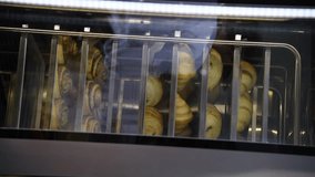Side view of various puff pastry items (different croissants and cinnamon buns) baking on baking sheets in professional convection oven in bakery. Soft focus. Vertical video. Preparing food theme. - Powered by Shutterstock - Get 15% off with code: PIKWIZARD15