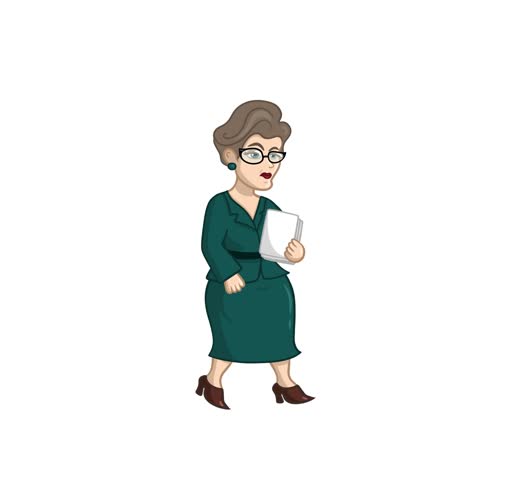 Business Woman Walking with Papers – A woman in a formal suit walks confidently. Her stern expression adds a fun. Perfect for creative, business, or animated-themed content