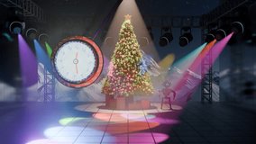 Christmas Stage With Swinging Clock, Dancing Robots, And Xmas Tree . 3D Illustration - Powered by Shutterstock - Get 15% off with code: PIKWIZARD15