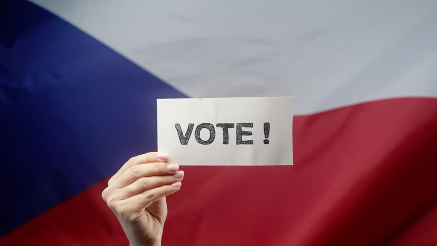 Woman Holds Title Sign With Text Vote, Czech Republic Flag Background, General Elections