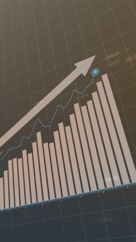 Digital animation showcasing rising financial profits, dynamic bar graphs increasing, line charts illustrating positive trends, growth in cryptocurrency and trading markets.