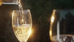 Beautiful view of white wine poured into wineglass on summer terrace of nature restaurant. Bunches of fresh sweet grapes decorate served table. Luxury hedonists lifestyle - Powered by Shutterstock - Get 15% off with code: PIKWIZARD15