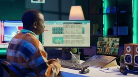 African American man having discussion during online meeting on laptop, talking about internet statistics or data. Freelancer use technology for virtual communication, working remotely. Camera A. - Powered by Shutterstock - Get 15% off with code: PIKWIZARD15