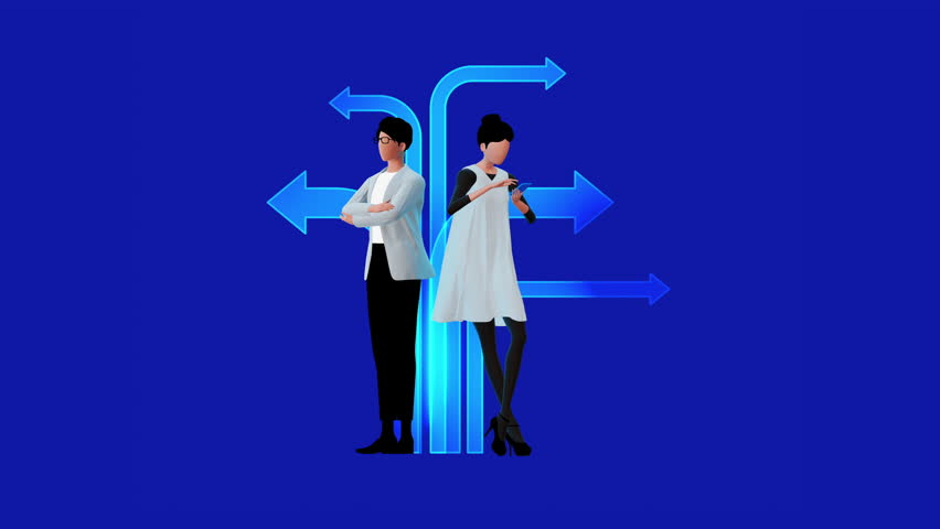 A couple stands leaning on an arrow pointing in different directions. Arrows for infographics. Templates for presentation. Futage on a blue background. Faceless animated character for video clip