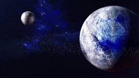 Frozen Planet with Asteroid Ring and a Moon. Deep Space Distant Planet. Uninhabited Planets in a Distant Solar System. Exoplanets Outer Space. Interstellar Travel. Alien Celestial Bodies. - Powered by Shutterstock - Get 15% off with code: PIKWIZARD15