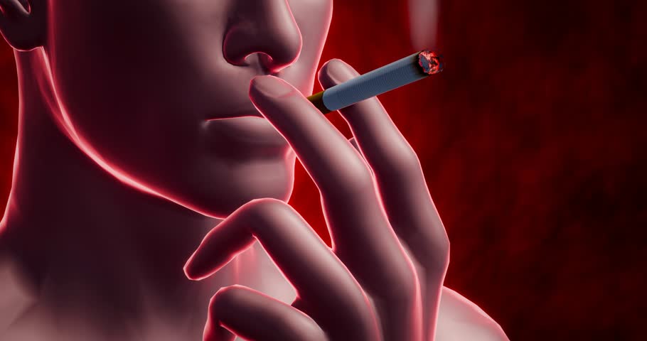 Smoking effects on lungs visualized, showing severe lung disease, tar deposits, cancerous growths, emphysema, and irreversible respiratory system damage due to prolonged cigarette use. 3D rendering
