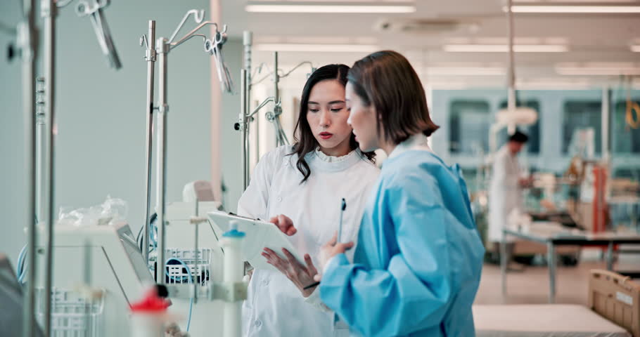 Scientist, Japanese women and clipboard in science lab for medical research, work or pharmaceutical. People, equipment and checklist for innovation as health, pathology or chemistry study in medicine