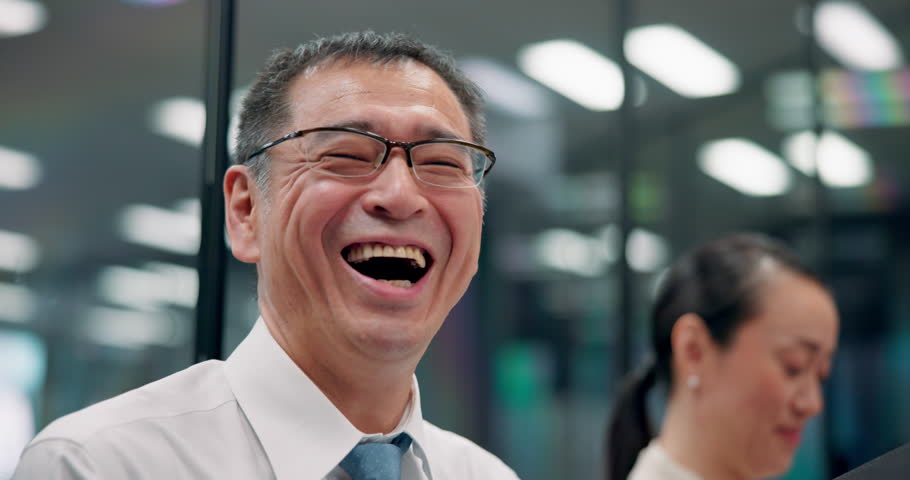 Laugh, face and Japanese businessman in office with pride for company, about us and career growth. Happy, confident and portrait of professional mature male financial advisor with joke in workplace.