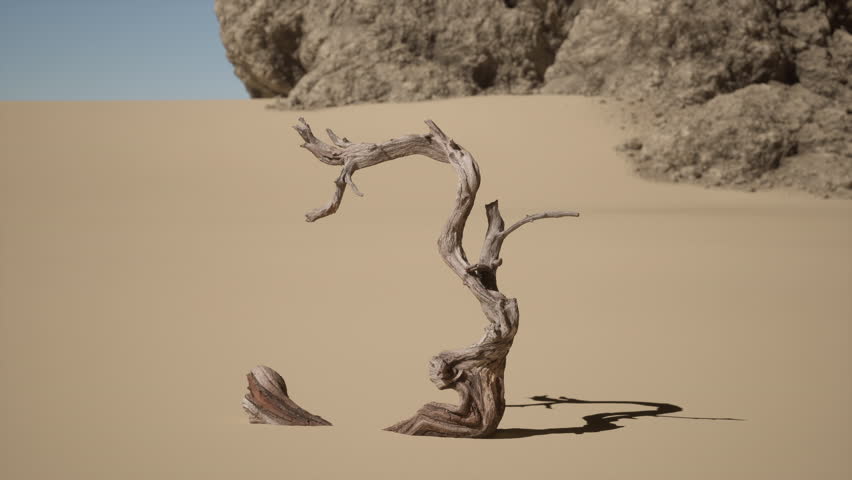 A barren desert landscape with a solitary dead tree standing tall as a symbol of resilience