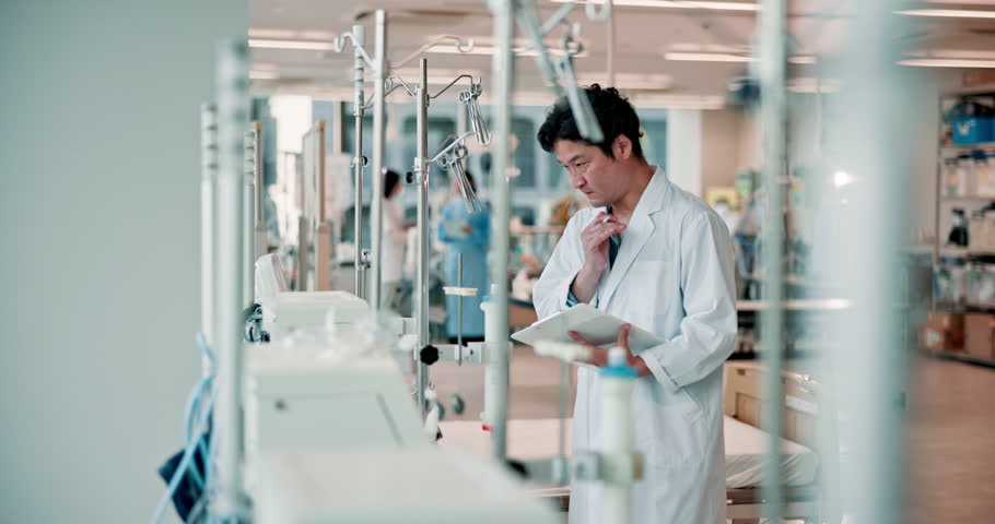 Thinking, equipment and tablet with Japanese man in laboratory for cancer research, science and healthcare. Medical study, dialysis machine and innovation with person in clinical for results idea