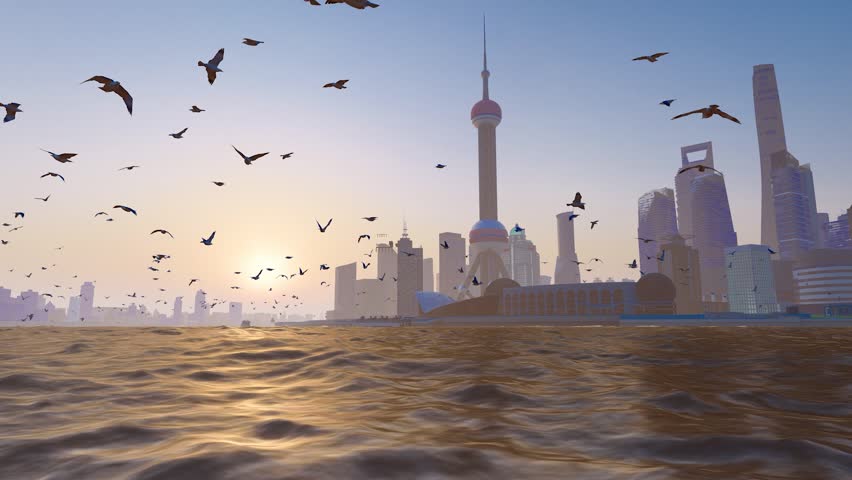 Shanghai gulls flying over Huangpu River, China