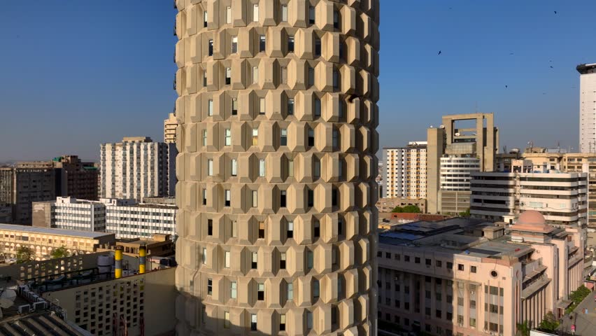 Aerail view on Downtown of Karachi, Sindh, Pakistan. High Modern Skyscrappers and Street Traffic in center of Karachi.