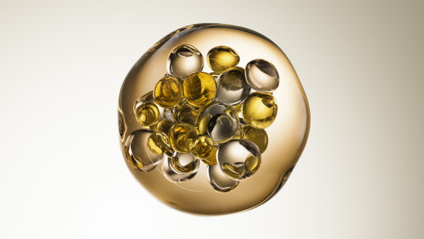 Gold cosmetic serum with liquid bubbles in a 3D abstract background. Hydrating essence gel enriched with collagen molecules. Moisturizing cream or oil for advanced skincare, beauty, and skin health.