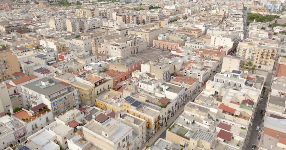 Aerial view of Manfredonia Cathedral. It is a Roman Catholic cathedral located in the historic center of the town in the province of Foggia, Puglia, Italy. It is dedicated to Saint Laurence of Siponto