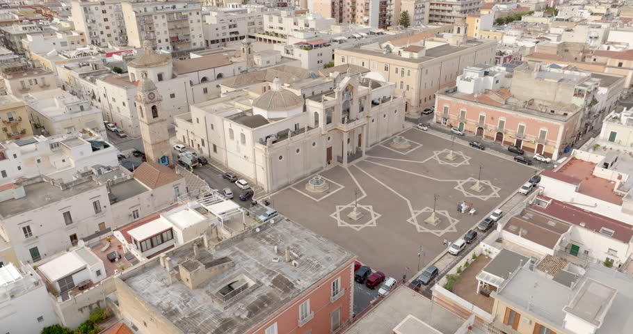 Aerial view of Manfredonia Cathedral. It is a Roman Catholic cathedral located in the historic center of the town in the province of Foggia, Puglia, Italy. It is dedicated to Saint Laurence of Siponto