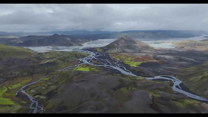 Aerial view of the Icelandic highland road to Landmannalaugar