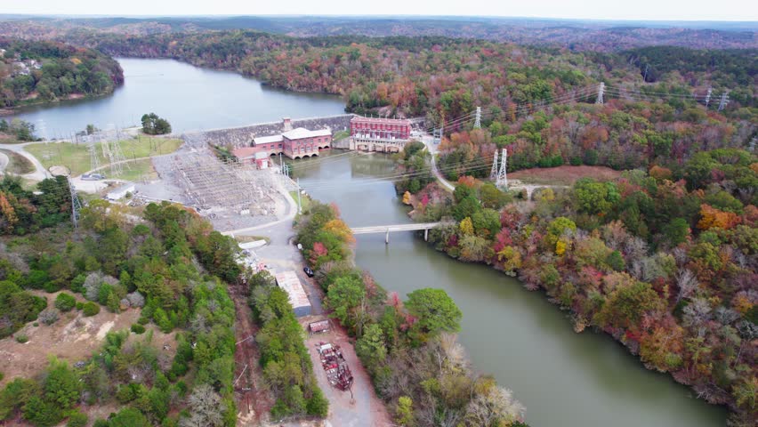Aerial push towards Great Falls dam in South Carolina