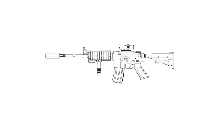 Animation of disassembling a military assault rifle. Wire-frame style. 3D Illustration
