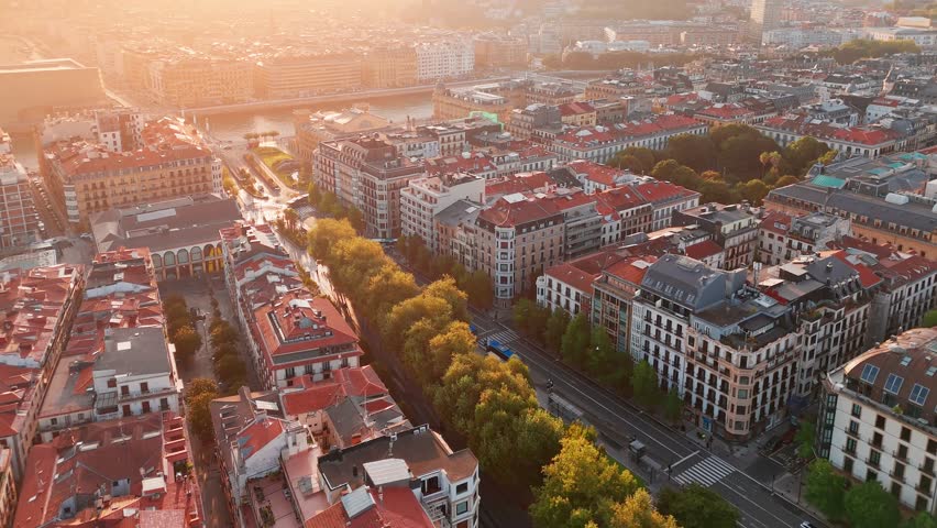 Aerial view of Donostia - San Sebastian cityscape at sunrise in the Basque Country, northern Spain.