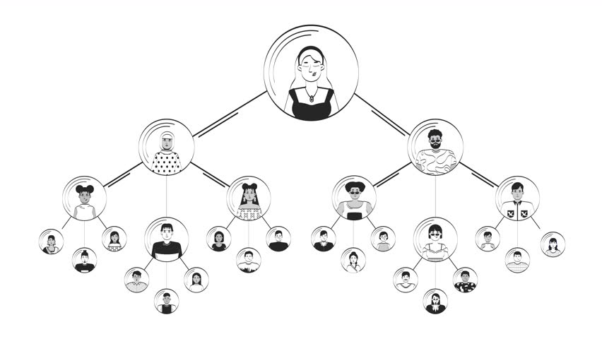 Hierarchy team doodle outline animation. Company structure 4K video motion graphic. Staff employees leader. Office workers hierarchical representation animated sketch 2D concept isolated on white