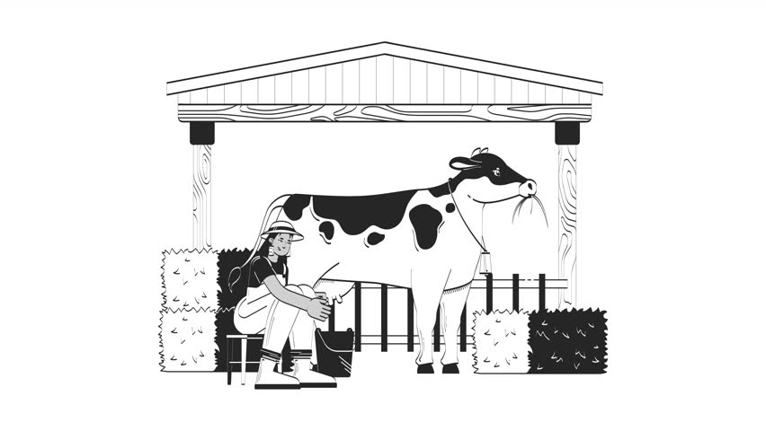 Farmer woman milking cow doodle linear animation. Cattle cowshed 4K video motion graphic. Dairy farm milkmaid latin american countrywoman animated 2D outline character sketch isolated on white