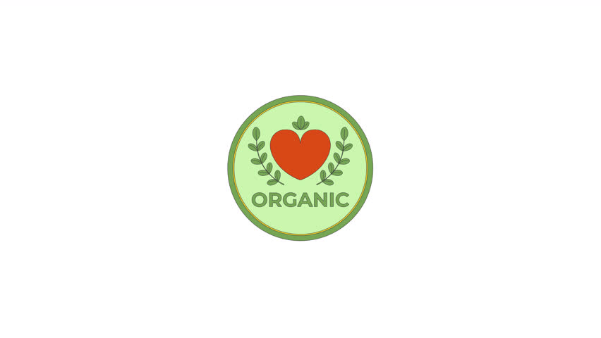 Organic food label 2D cartoon sticker animation. No gmo. Healthy fresh nutrition flat cartoon 4K video, alpha channel. Certified quality plant, natural product animated badge on white background