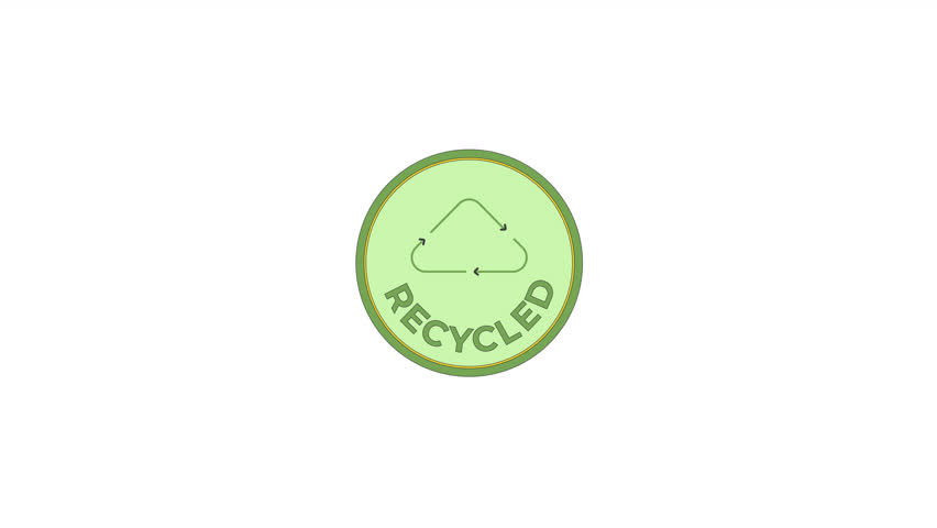 Recycled label 2D cartoon sticker animation. Biodegradable recyclable flat cartoon 4K video, alpha channel. Sustainability bio. Conscious green. Eco friendly animated badge on white background