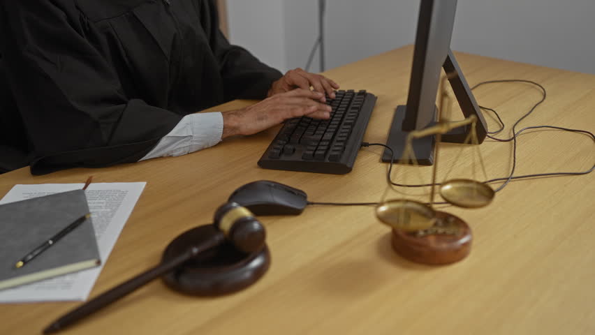 Judge typing on a keyboard in an office with scales of justice, gavel, and documents on the desk, surrounded by files and folders, indicating a professional legal environment.