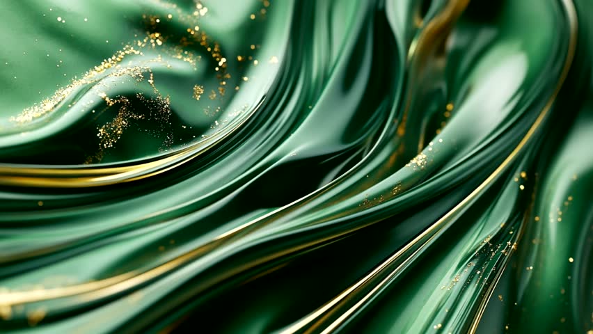 Abstract Emerald Green and Gold Swirling Liquid with Glitter