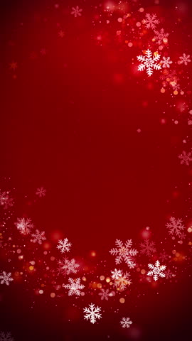 Curved Christmas frame made of white snowflakes on a red festive animated background with particles. Looped motion graphics. Vertical video.