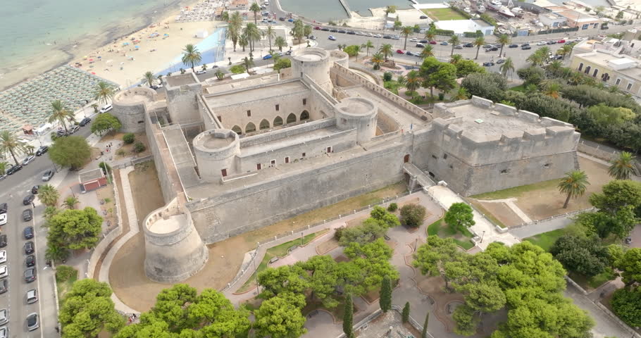 Aerial view of the castle of Manfredonia, in Puglia, Italy. It is a military structure built by the Aragonese and expanded in the eras of Swabian and Angevin domination. In background is Adriatic sea.
