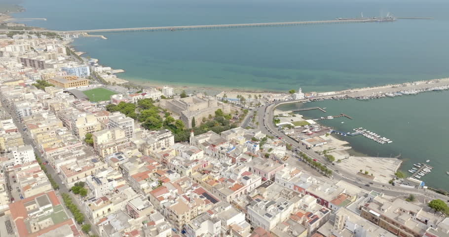 Aerial view of the castle and the stadium of Manfredonia, in Puglia, Italy. It is a town on the Mediterranean Sea.